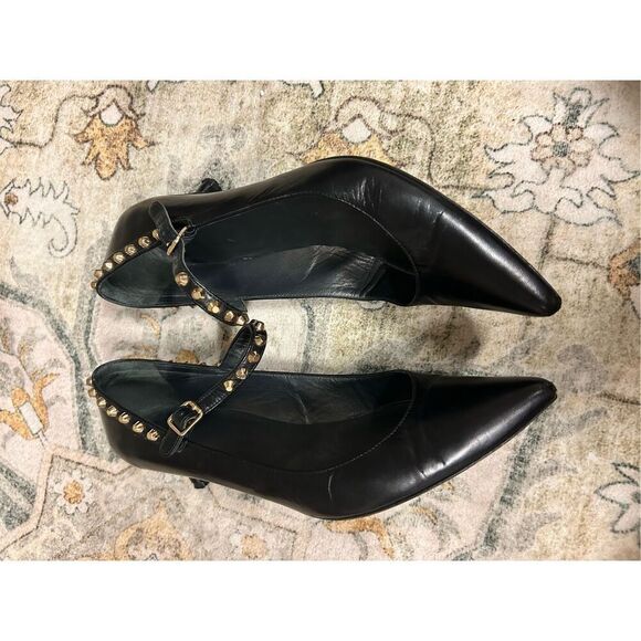 STUART WEITZMAN GOLD STUD KITTEN HEEL BLACK PUMPS - Picture 8 of 12